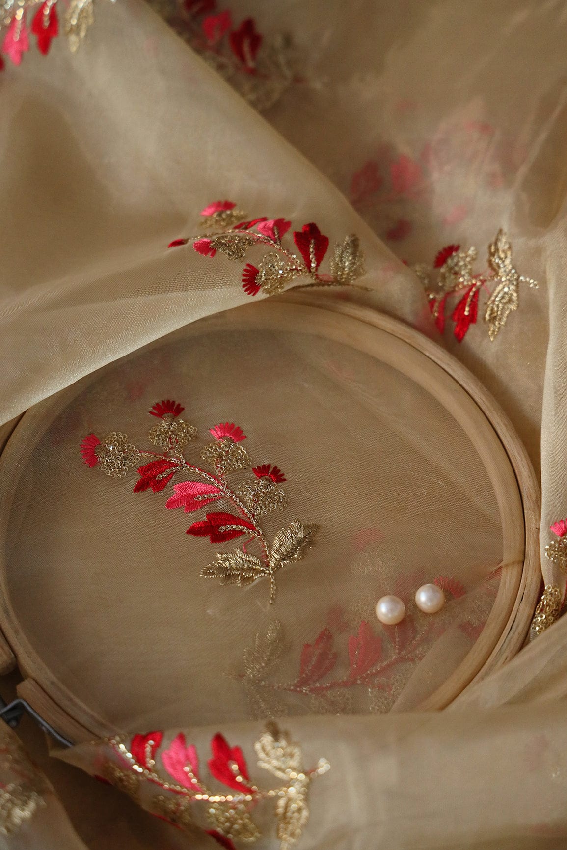 Beautiful Multi Color Leafy Embroidery Work On Beige Tissue Fabric - doeraa