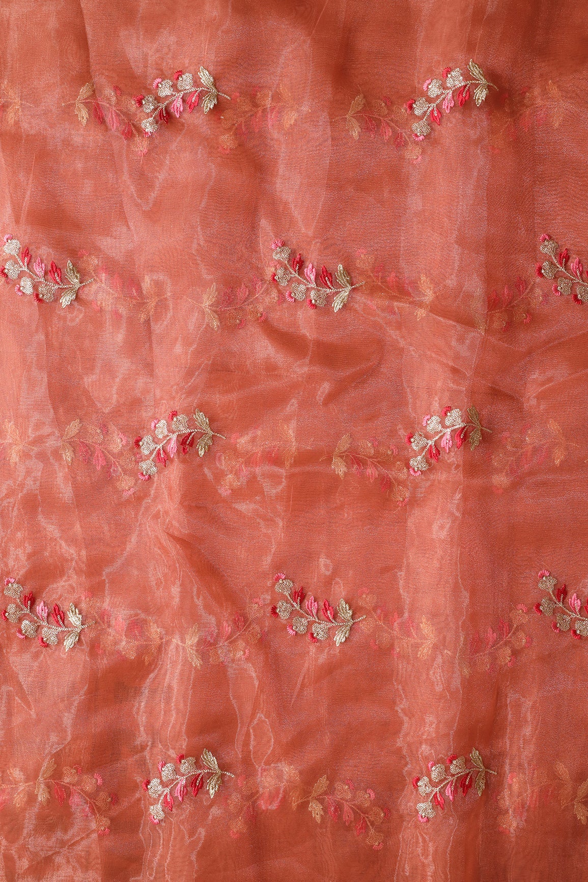 Beautiful Multi Color Leafy Embroidery Work On Rust Orange Tissue Fabric - doeraa