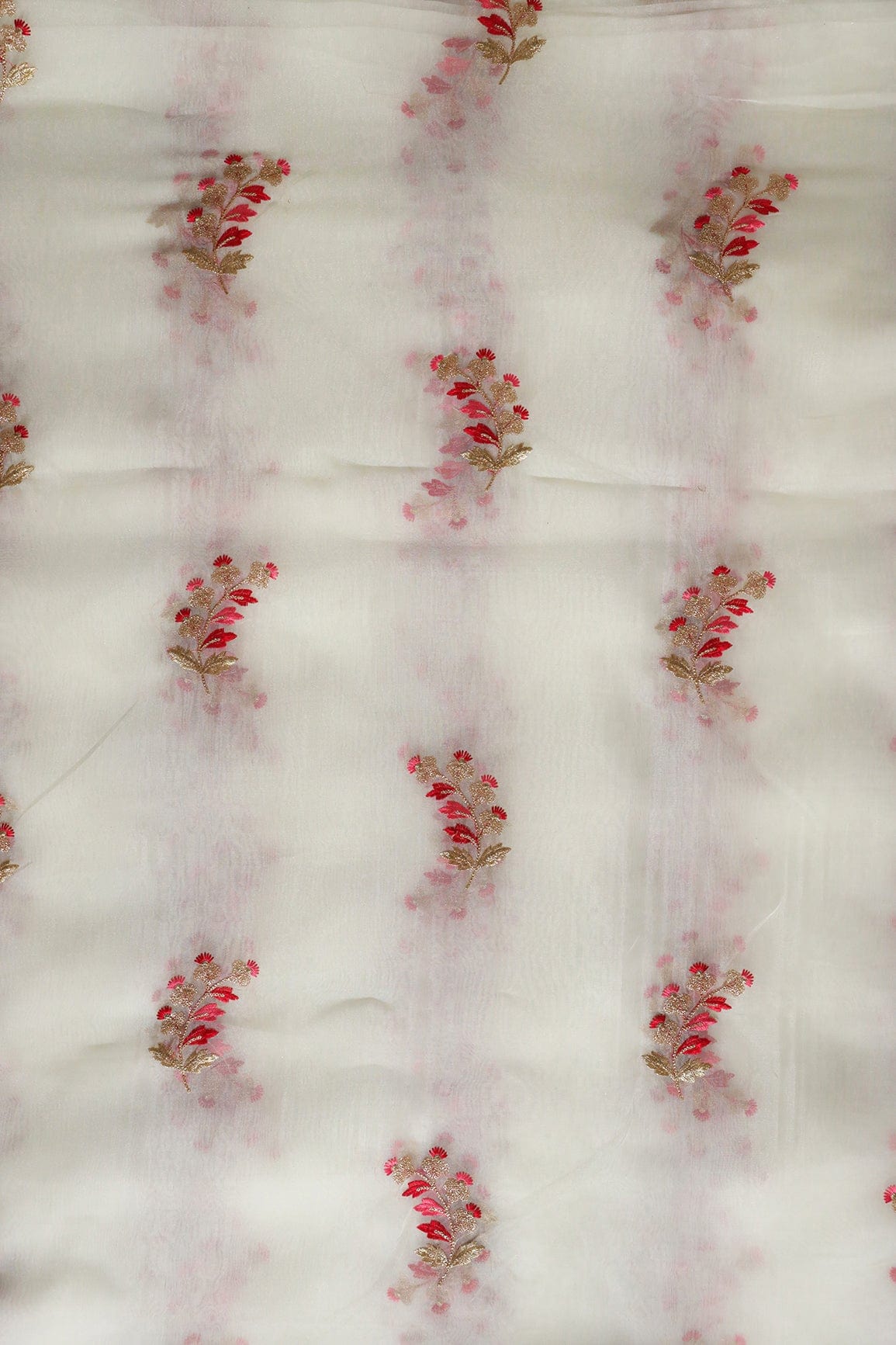 Beautiful Multi Color Leafy Embroidery Work On White Tissue Fabric - doeraa