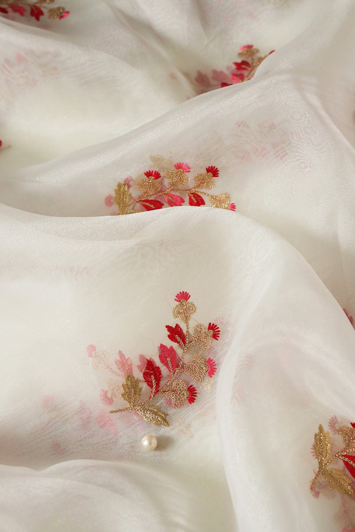 Beautiful Multi Color Leafy Embroidery Work On White Tissue Fabric - doeraa