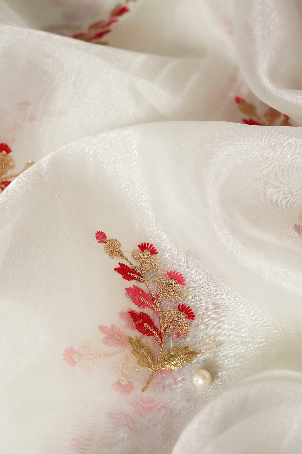 Beautiful Multi Color Leafy Embroidery Work On White Tissue Fabric - doeraa