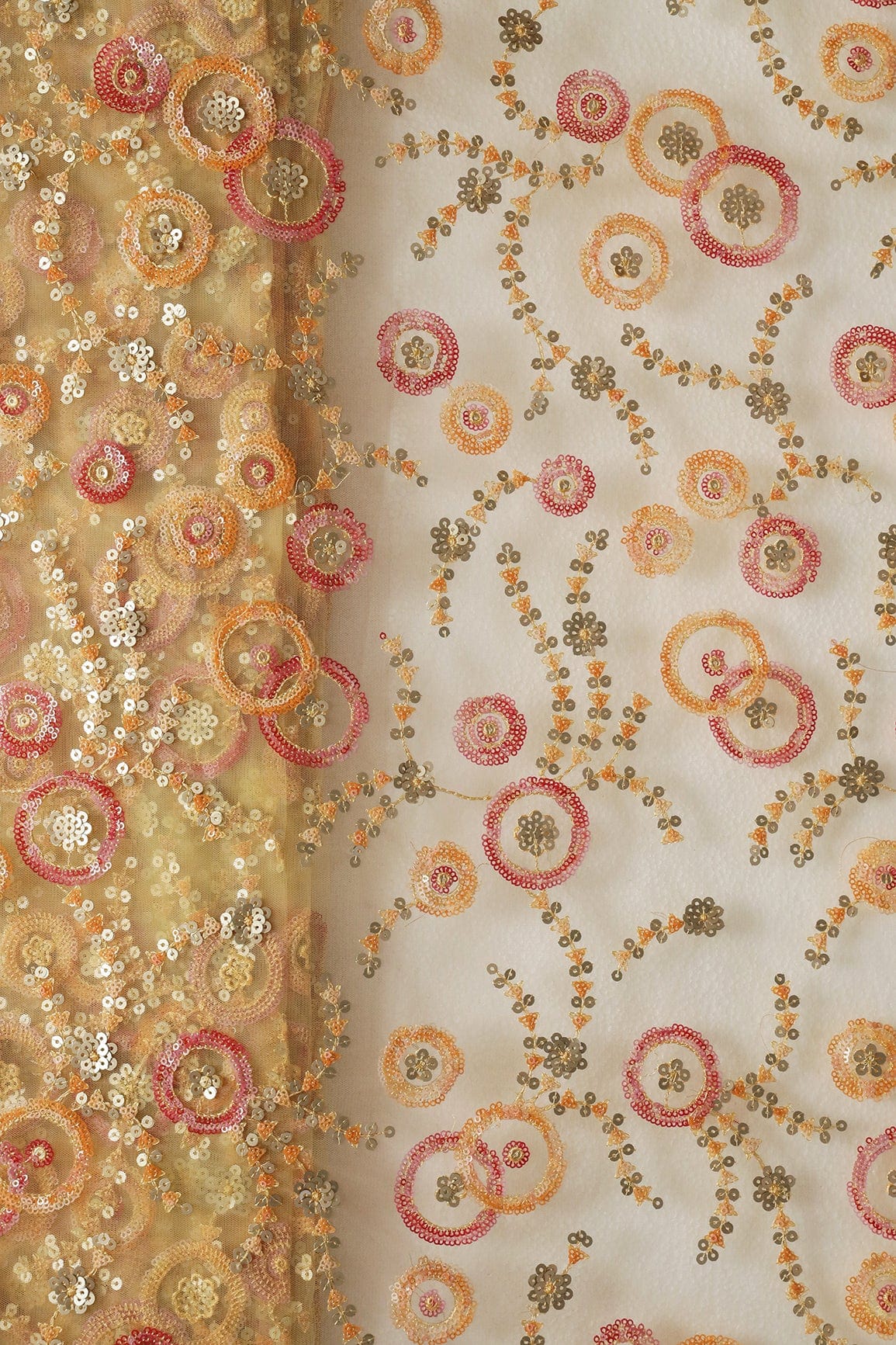 Beautiful Multi Sequins Geometric Embroidery Work On Yellow Soft Net Fabric - doeraa
