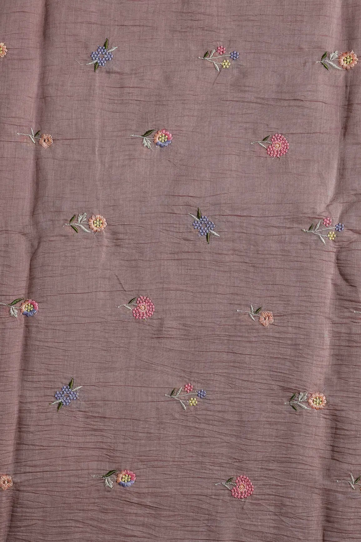 Beautiful Multi Thread Floral Embroidery Work On Dark Mauve Pure Mul Chanderi Silk Fabric - doeraa