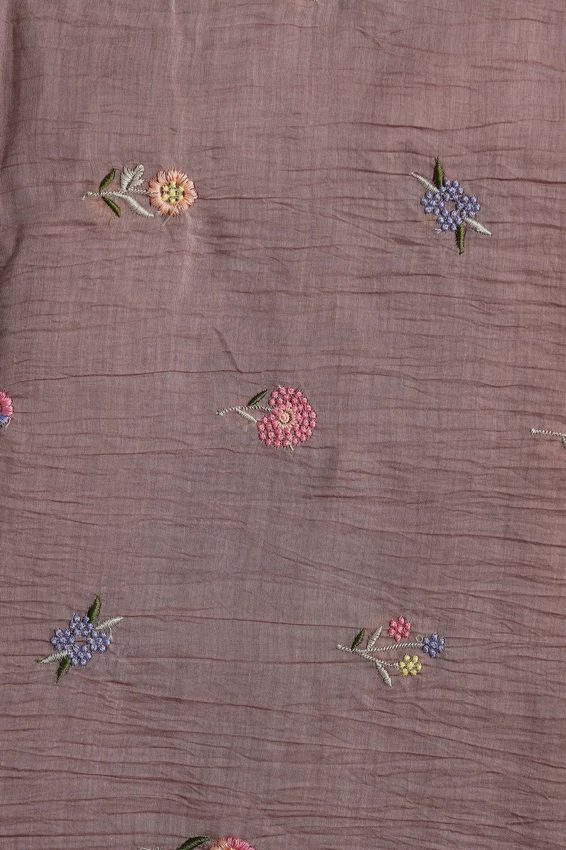 Beautiful Multi Thread Floral Embroidery Work On Dark Mauve Pure Mul Chanderi Silk Fabric - doeraa