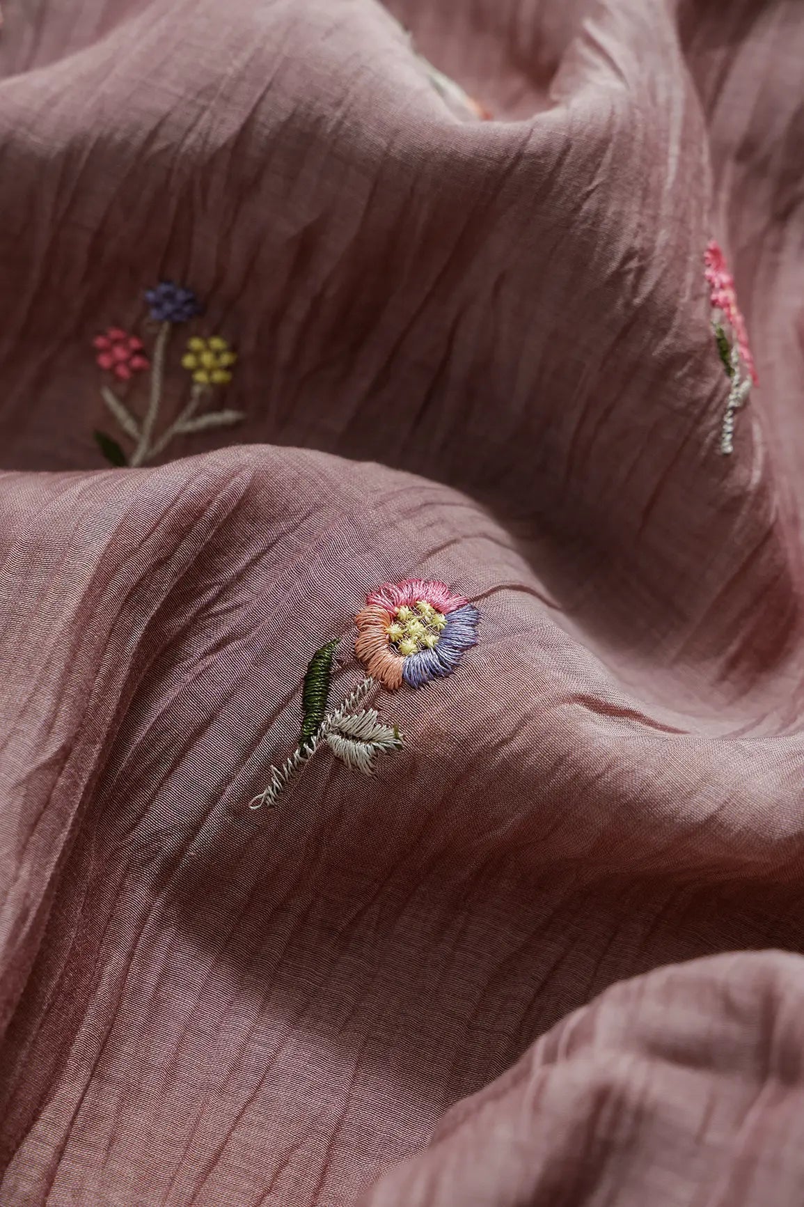 Beautiful Multi Thread Floral Embroidery Work On Dark Mauve Pure Mul Chanderi Silk Fabric - doeraa