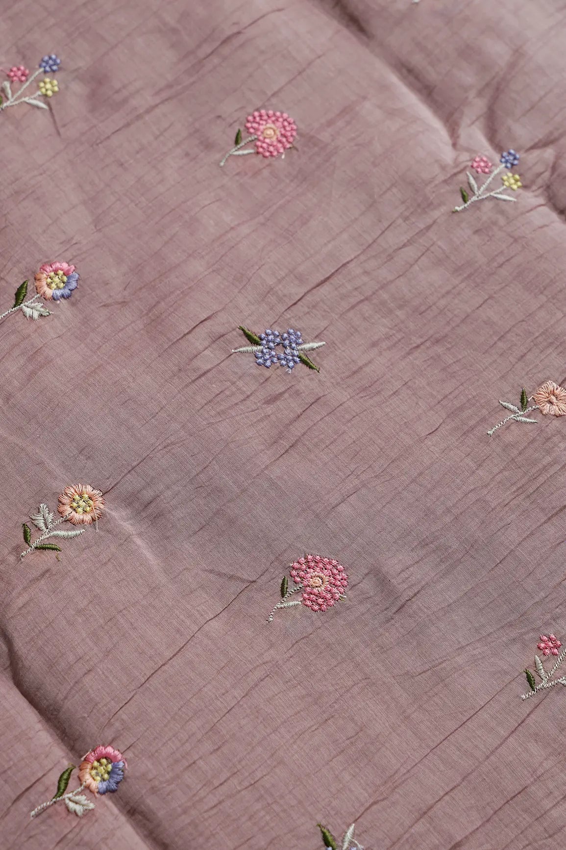 Beautiful Multi Thread Floral Embroidery Work On Dark Mauve Pure Mul Chanderi Silk Fabric - doeraa