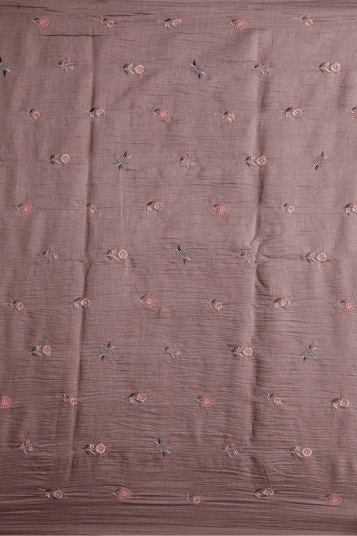 Beautiful Multi Thread Floral Embroidery Work On Dark Mauve Pure Mul Chanderi Silk Fabric - doeraa