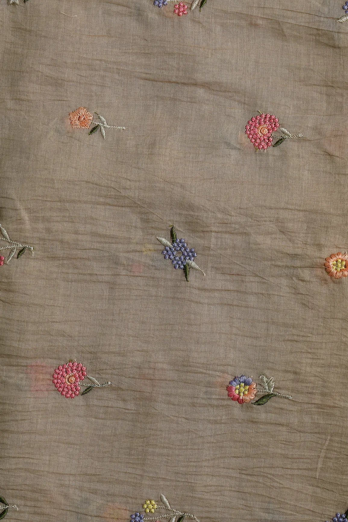 Beautiful Multi Thread Floral Embroidery Work On Light Brown Pure Mul Chanderi Silk Fabric - doeraa