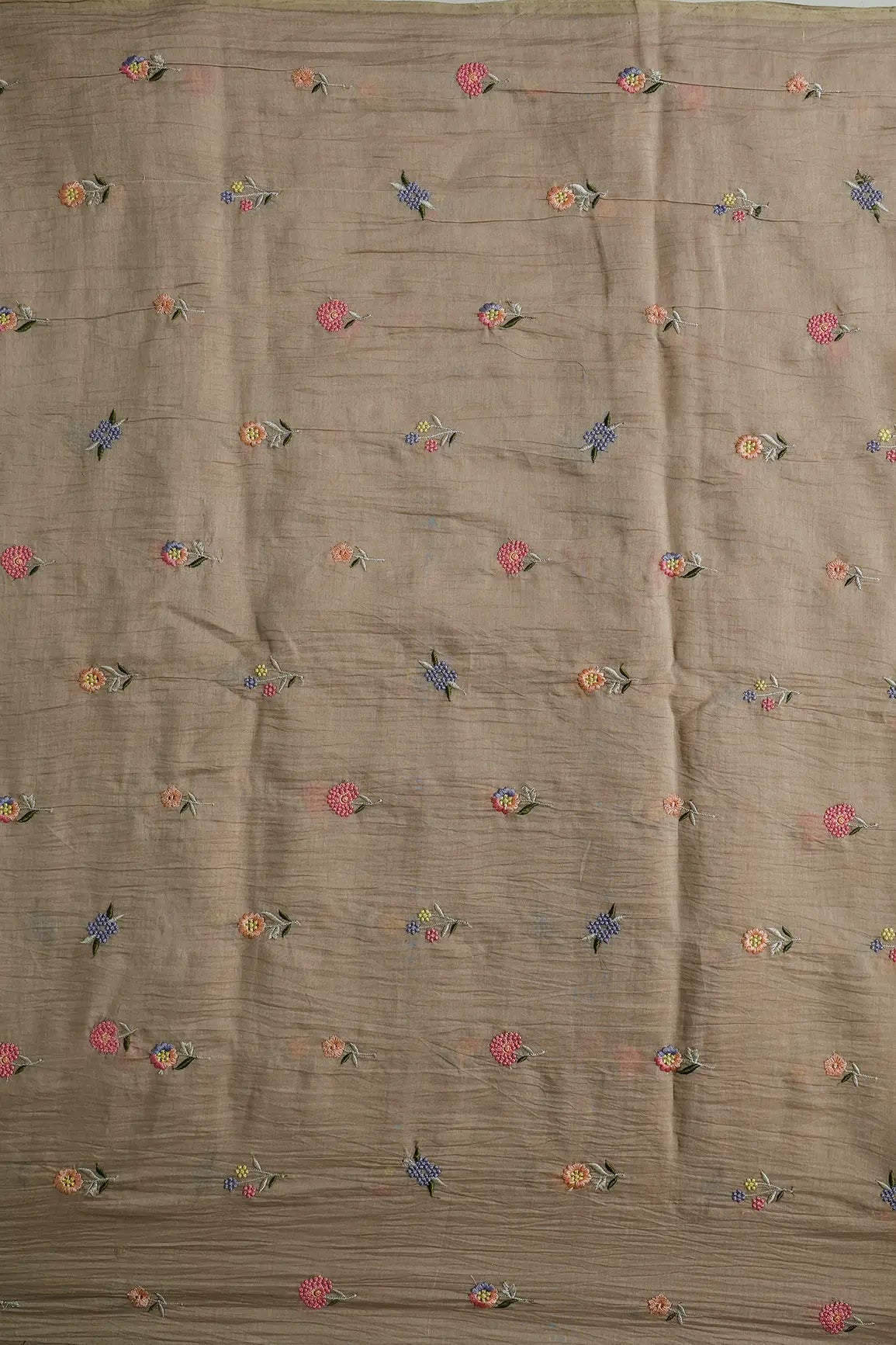 Beautiful Multi Thread Floral Embroidery Work On Light Brown Pure Mul Chanderi Silk Fabric - doeraa