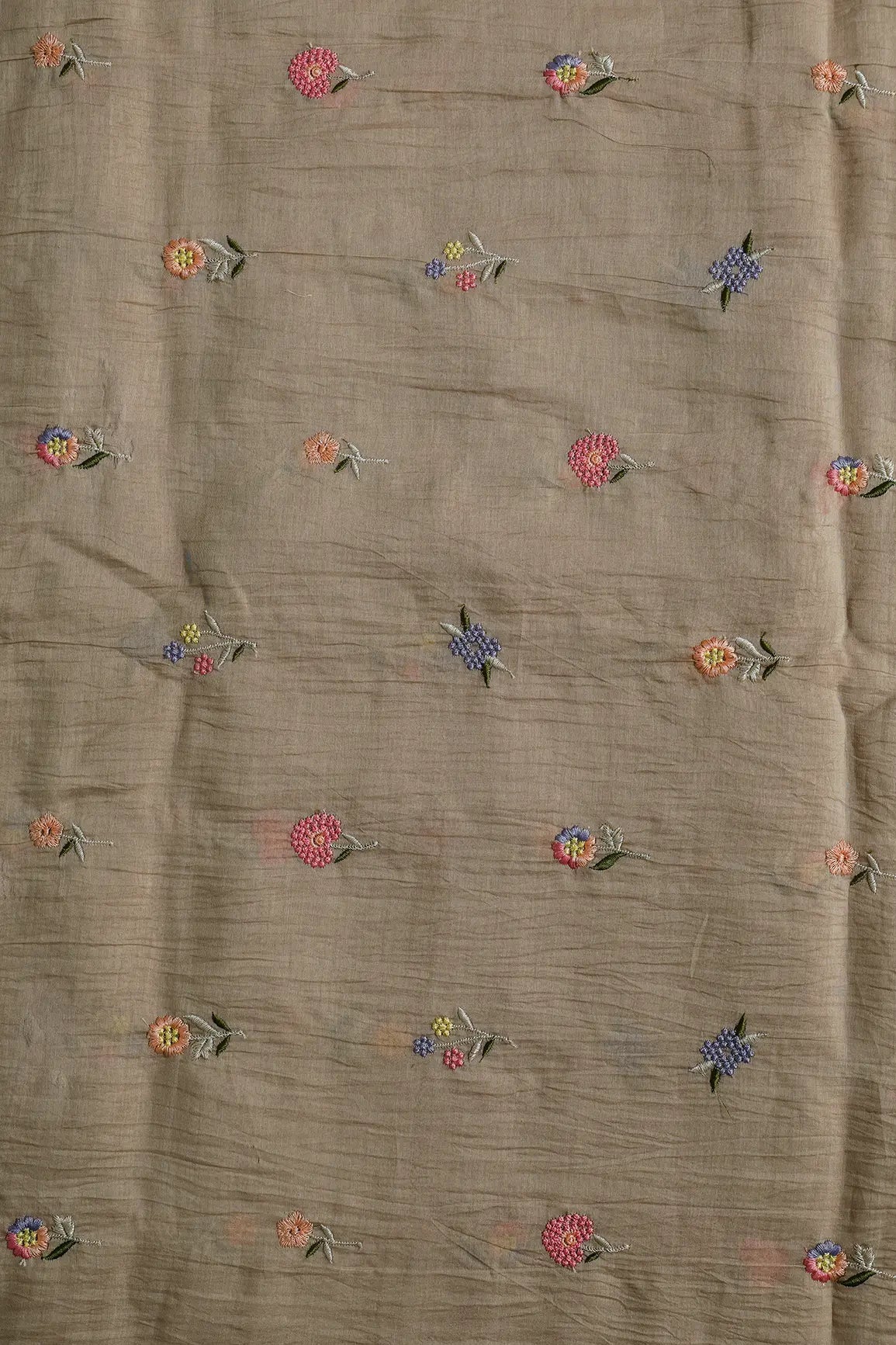 Beautiful Multi Thread Floral Embroidery Work On Light Brown Pure Mul Chanderi Silk Fabric - doeraa
