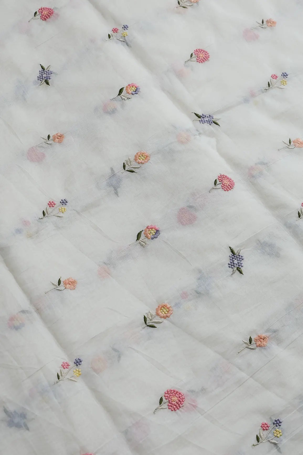 Beautiful Multi Thread Floral Embroidery Work On Off White Pure Mul Chanderi Silk Fabric - doeraa