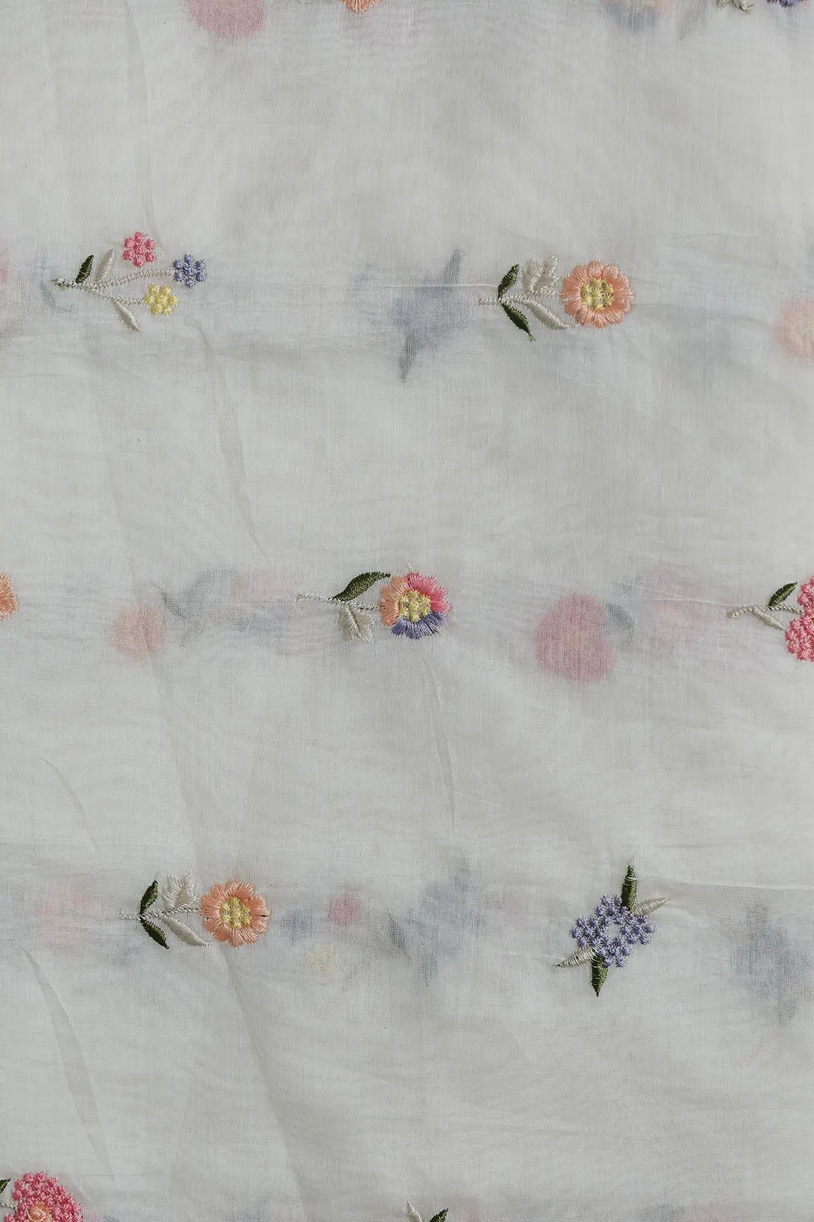Beautiful Multi Thread Floral Embroidery Work On Off White Pure Mul Chanderi Silk Fabric - doeraa