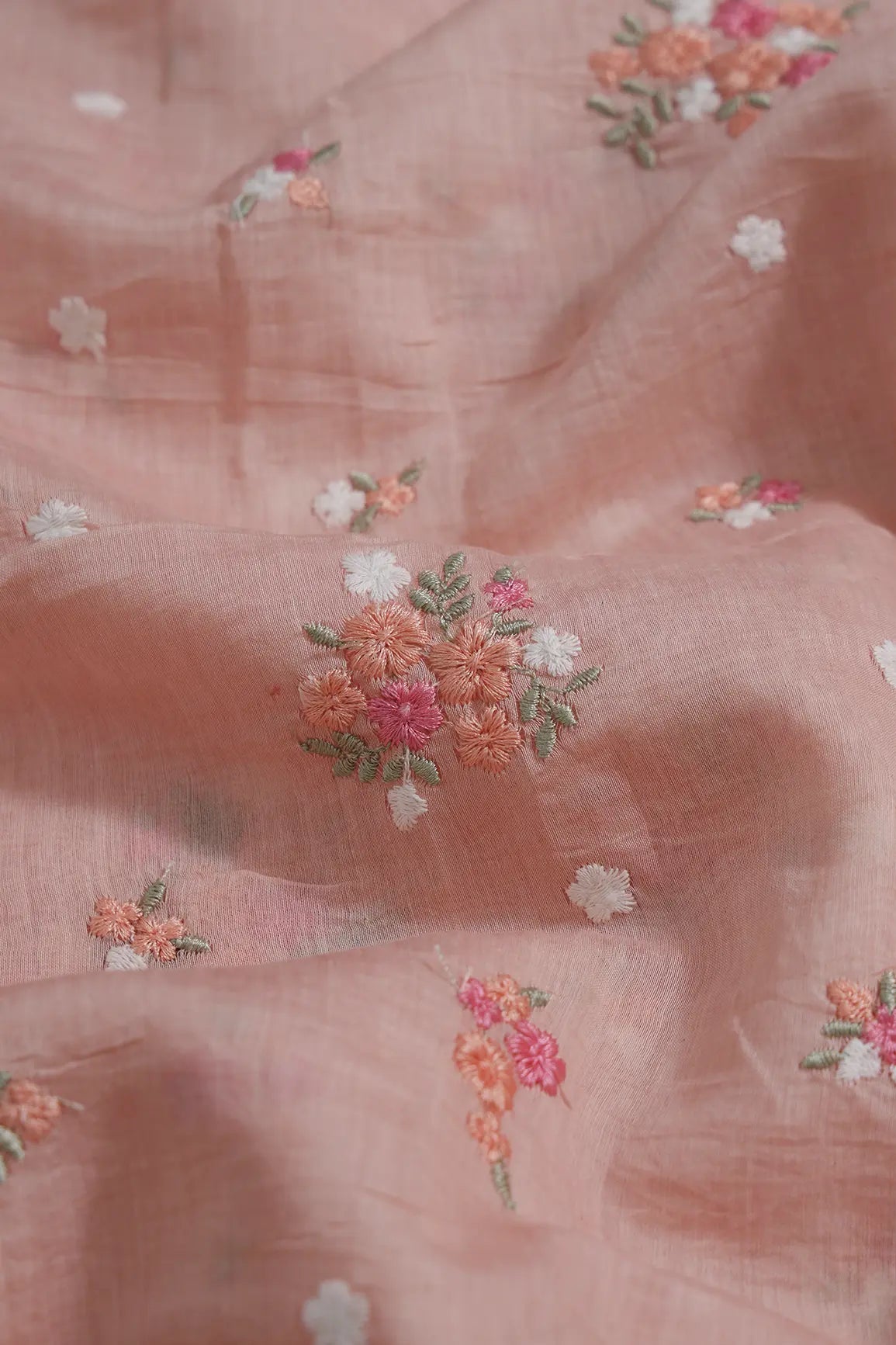 Beautiful Multi Thread Floral Embroidery Work On Peach Pure Mul Chanderi Silk Fabric - doeraa