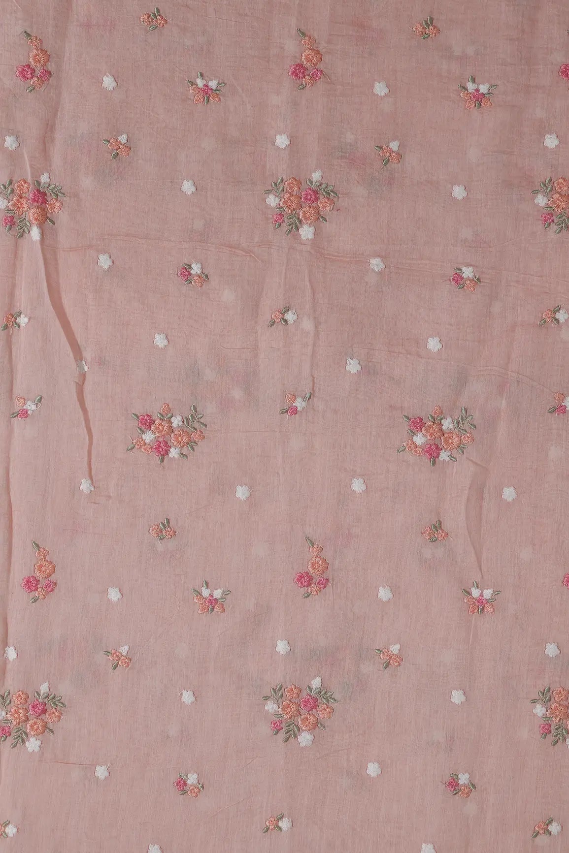 Beautiful Multi Thread Floral Embroidery Work On Peach Pure Mul Chanderi Silk Fabric - doeraa