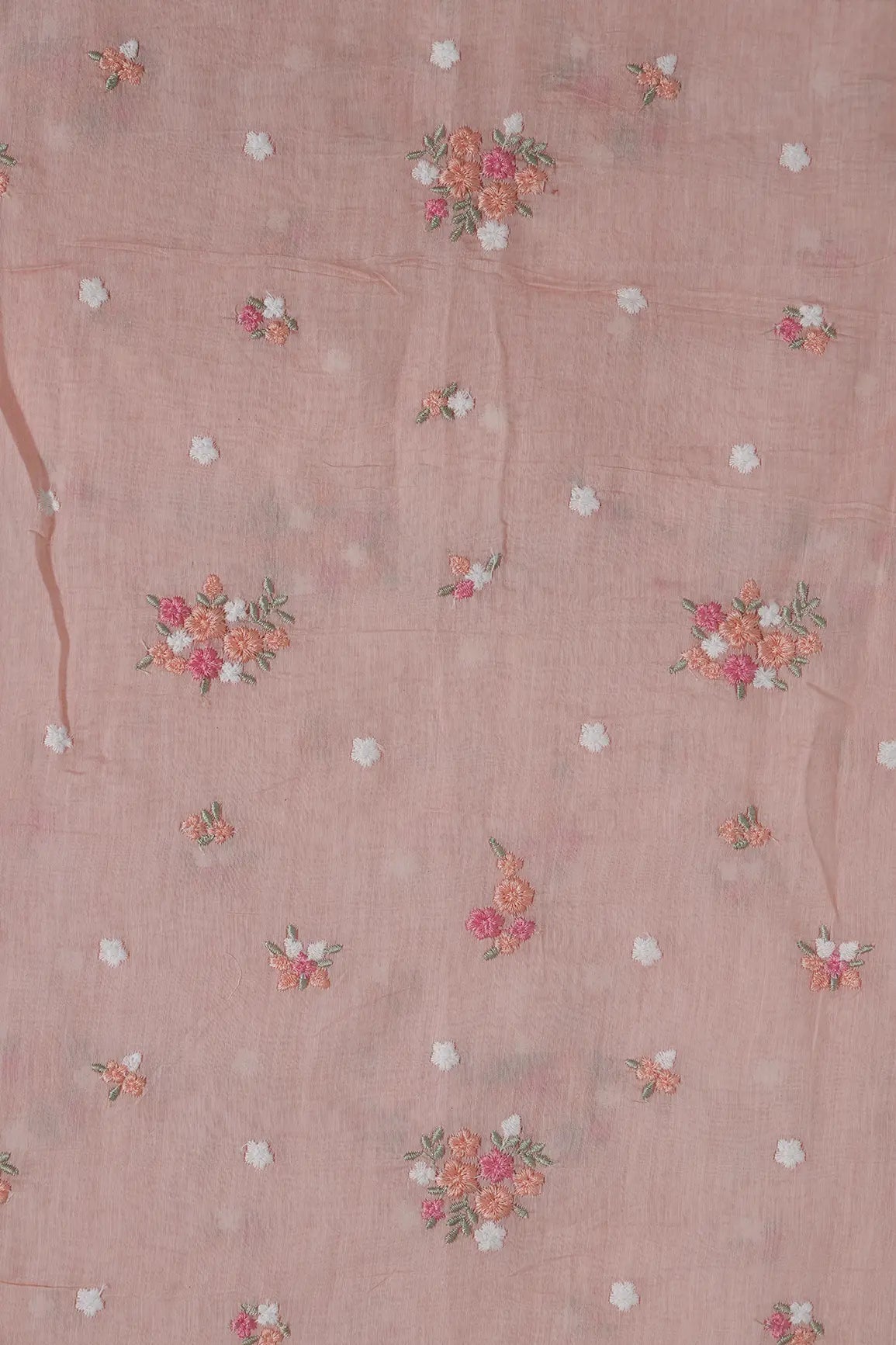 Beautiful Multi Thread Floral Embroidery Work On Peach Pure Mul Chanderi Silk Fabric - doeraa