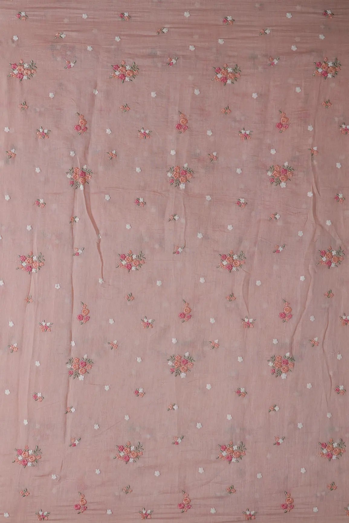 Beautiful Multi Thread Floral Embroidery Work On Peach Pure Mul Chanderi Silk Fabric - doeraa
