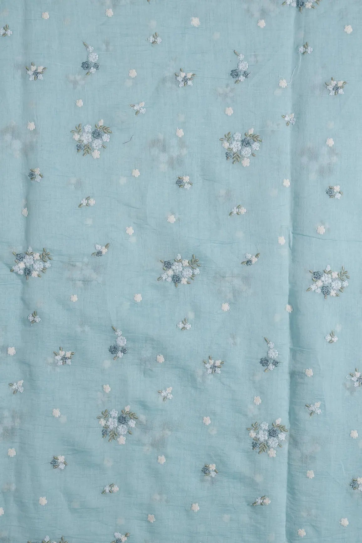 Beautiful Multi Thread Floral Embroidery Work On Powder Blue Pure Mul Chanderi Silk Fabric - doeraa