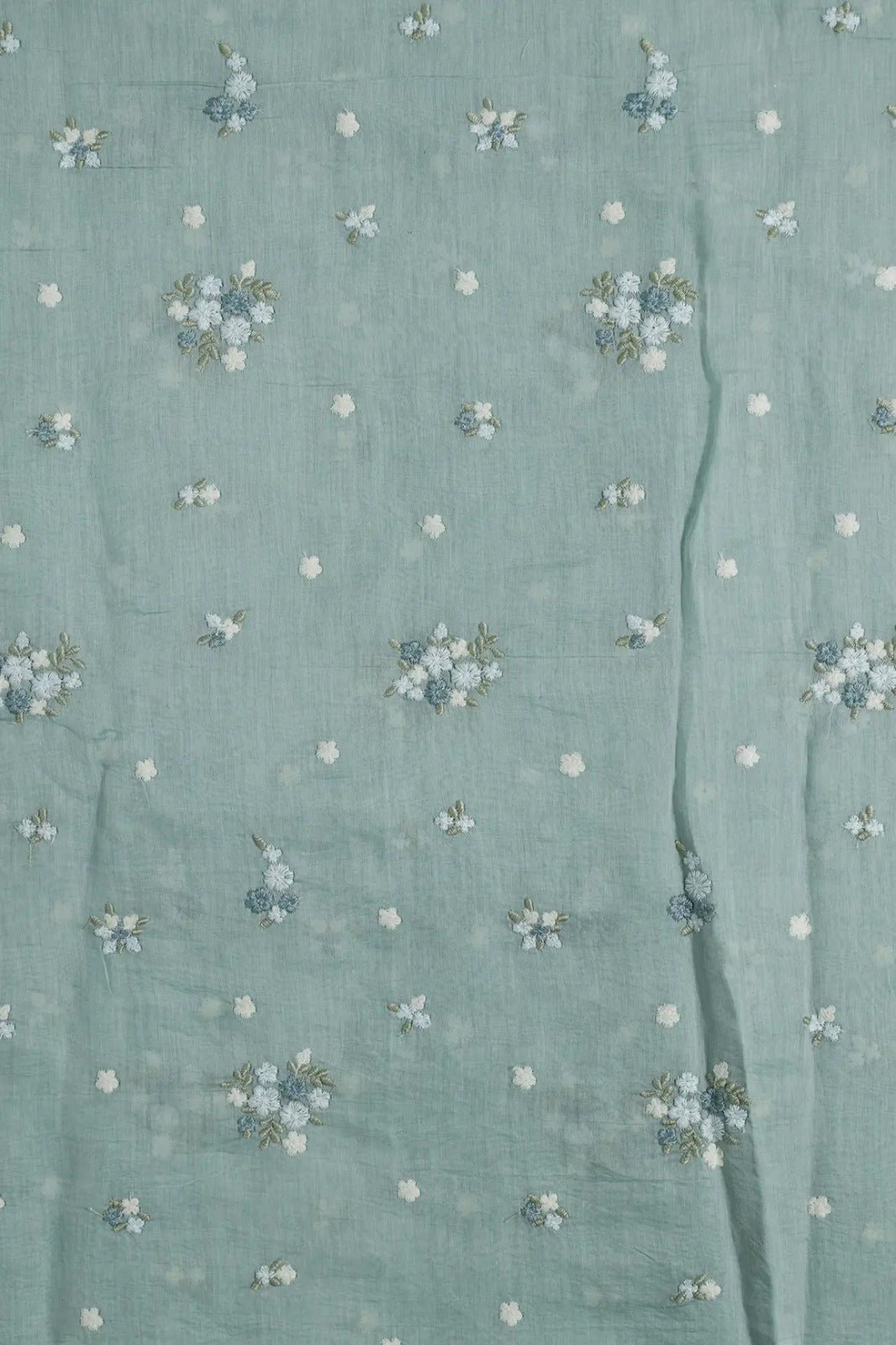 Beautiful Multi Thread Floral Embroidery Work On Sea Green Pure Mul Chanderi Silk Fabric - doeraa