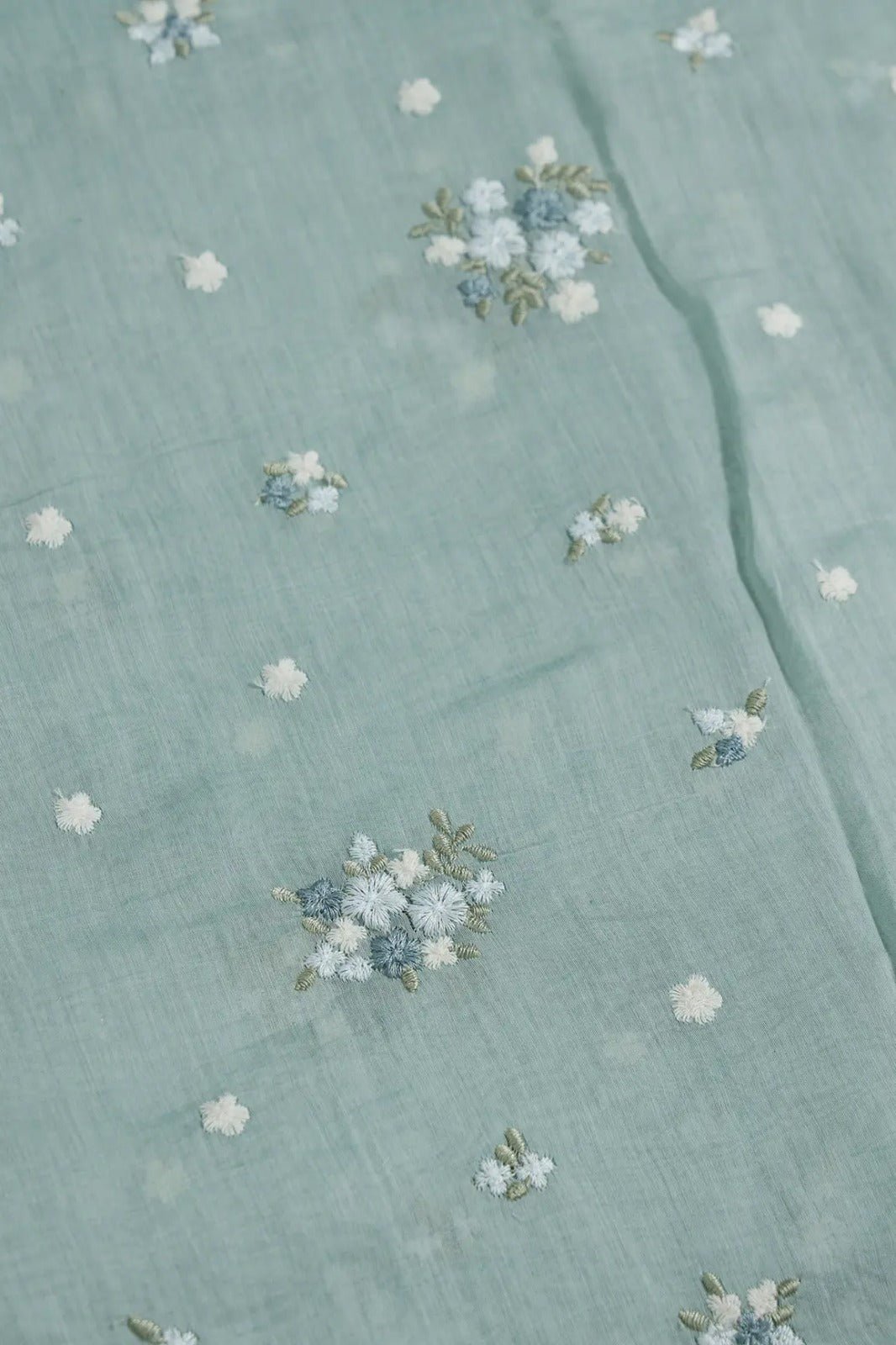 Beautiful Multi Thread Floral Embroidery Work On Sea Green Pure Mul Chanderi Silk Fabric - doeraa