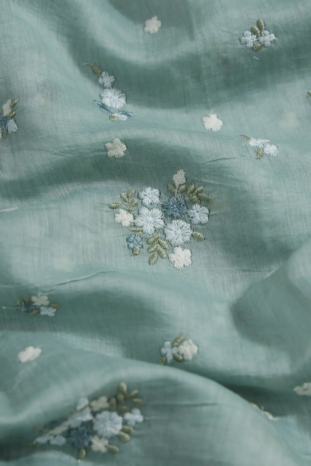 Beautiful Multi Thread Floral Embroidery Work On Sea Green Pure Mul Chanderi Silk Fabric - doeraa