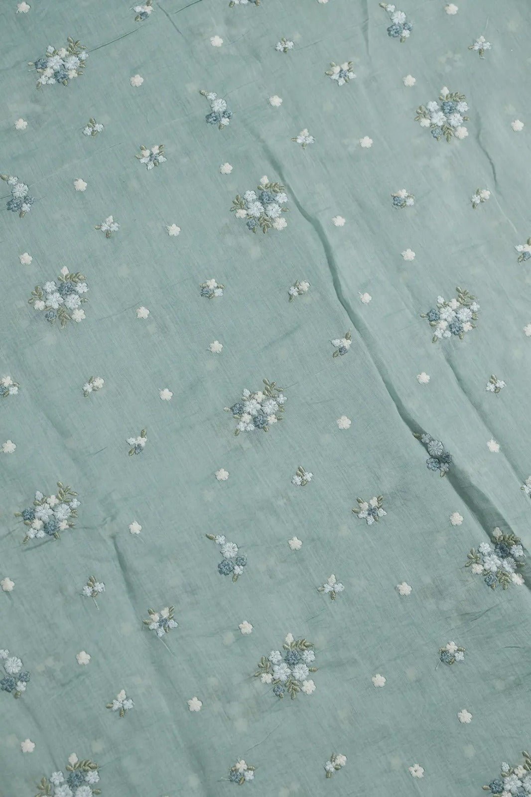 Beautiful Multi Thread Floral Embroidery Work On Sea Green Pure Mul Chanderi Silk Fabric - doeraa