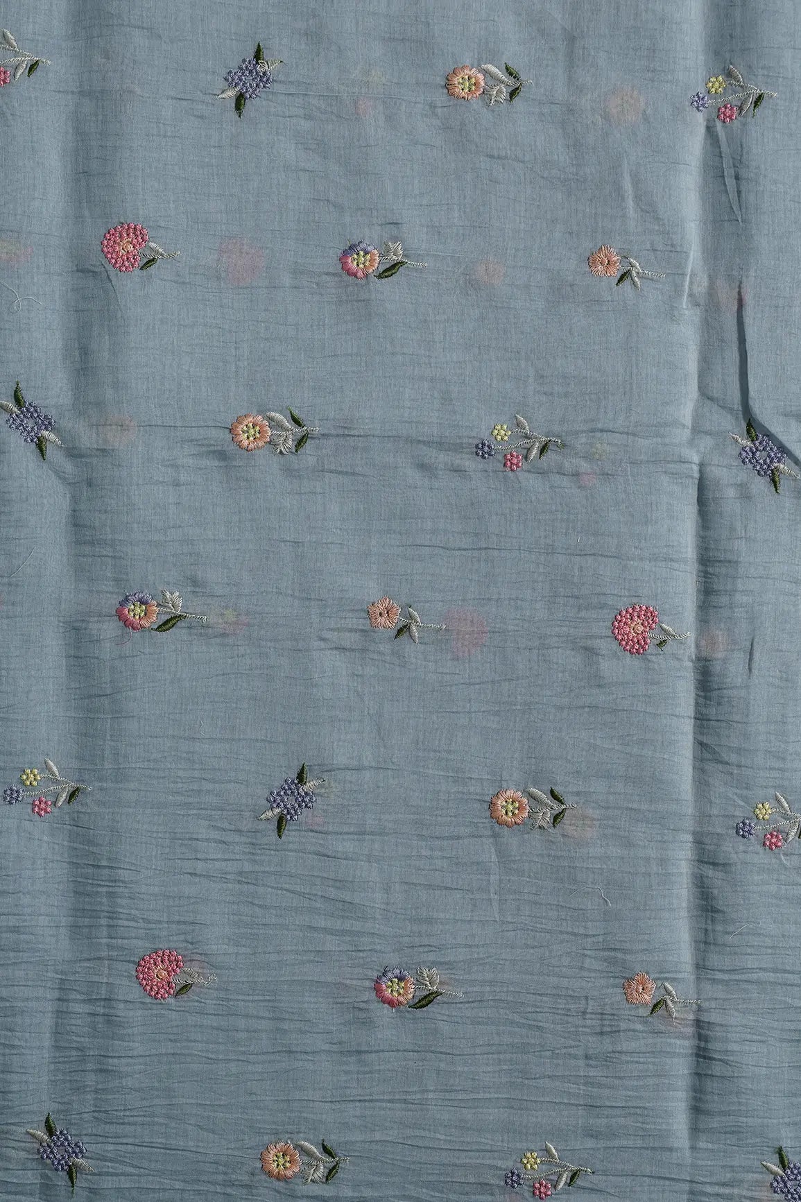 Beautiful Multi Thread Floral Embroidery Work On Tempered Grey Pure Mul Chanderi Silk Fabric - doeraa