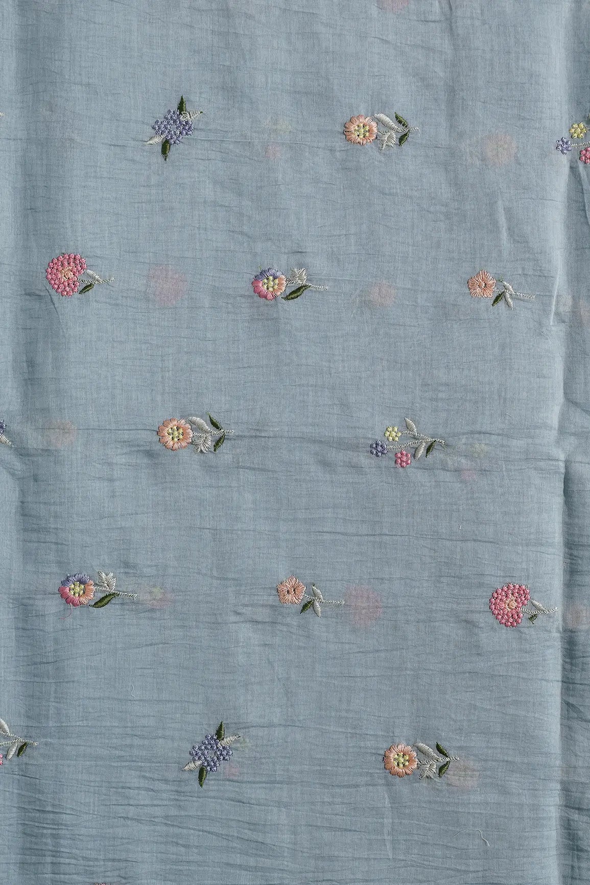 Beautiful Multi Thread Floral Embroidery Work On Tempered Grey Pure Mul Chanderi Silk Fabric - doeraa