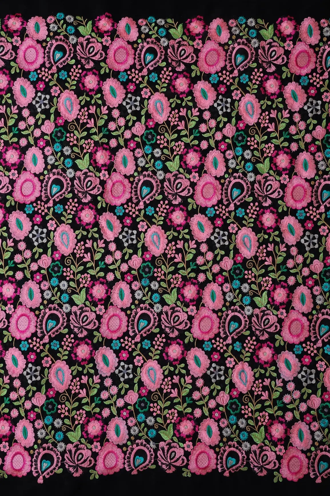 Beautiful Multi Thread Floral Heavy Embroidery On Black Georgette Fabric - doeraa
