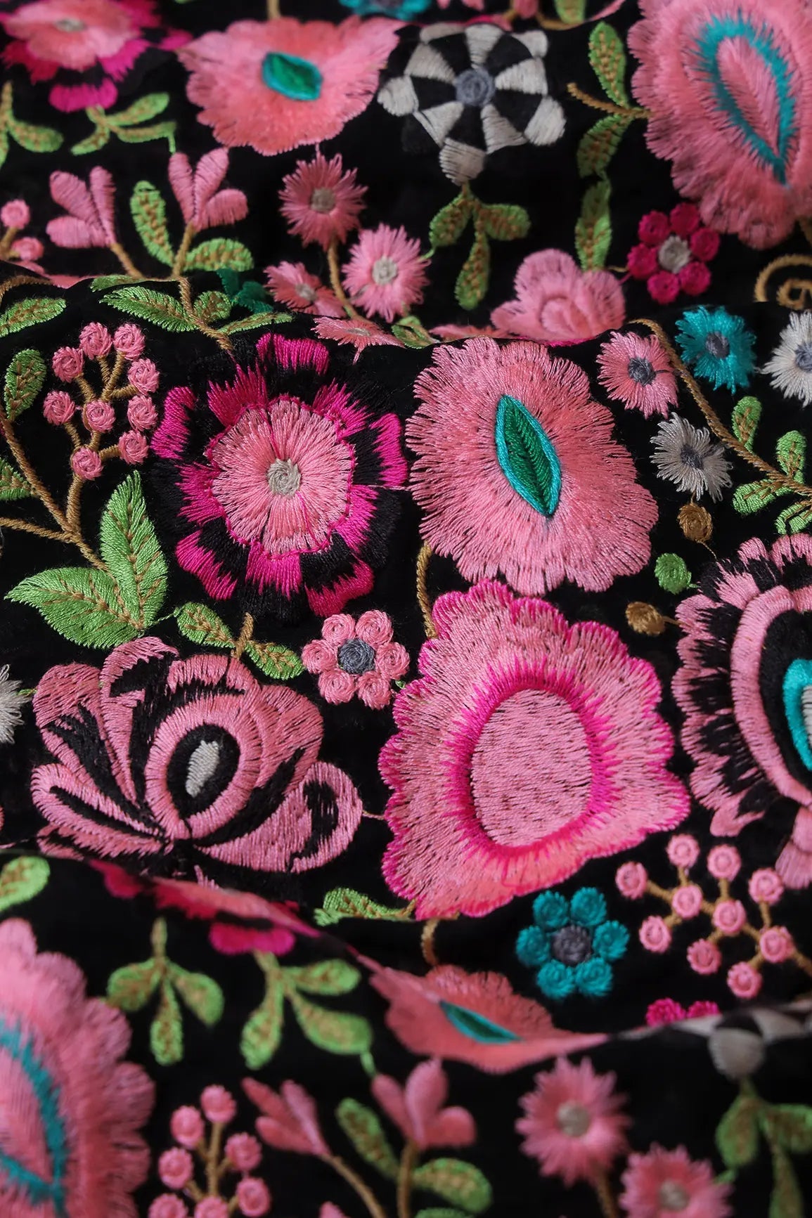 Beautiful Multi Thread Floral Heavy Embroidery On Black Georgette Fabric - doeraa