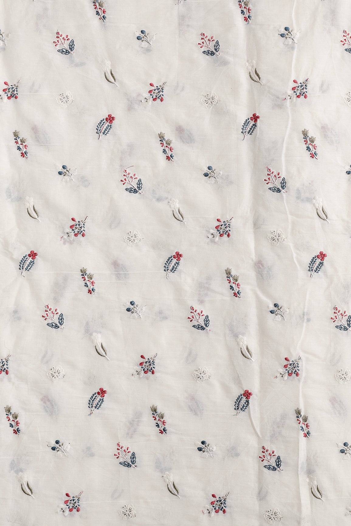 Beautiful Multi Thread Leafy Embroidery Work On Off White Organic Cotton Fabric - doeraa