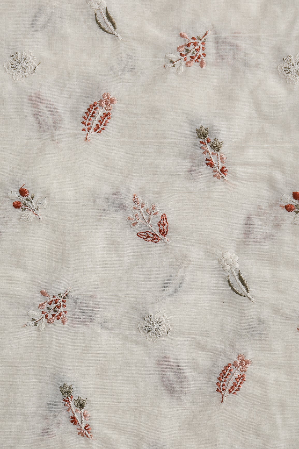 Beautiful Multi Thread Leafy Embroidery Work On Off White Organic Cotton Fabric - doeraa