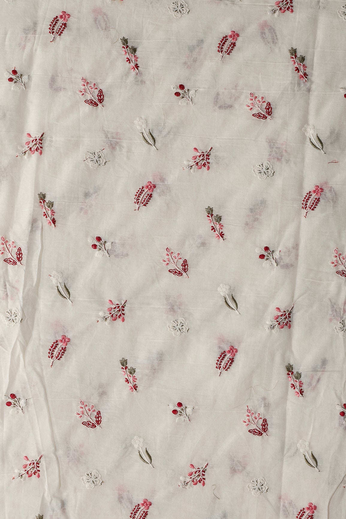 Beautiful Multi Thread Leafy Embroidery Work On Off White Organic Cotton Fabric - doeraa