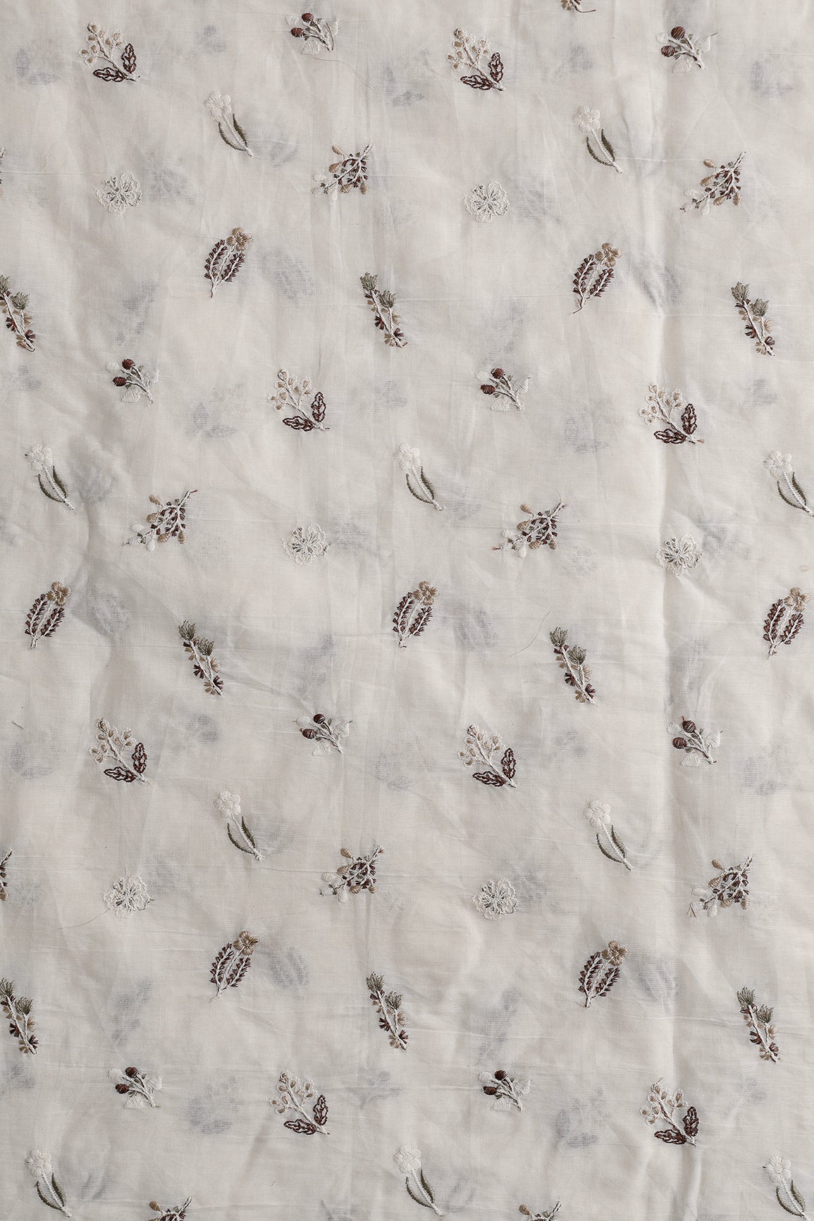 Beautiful Multi Thread Leafy Embroidery Work On Off White Organic Cotton Fabric - doeraa