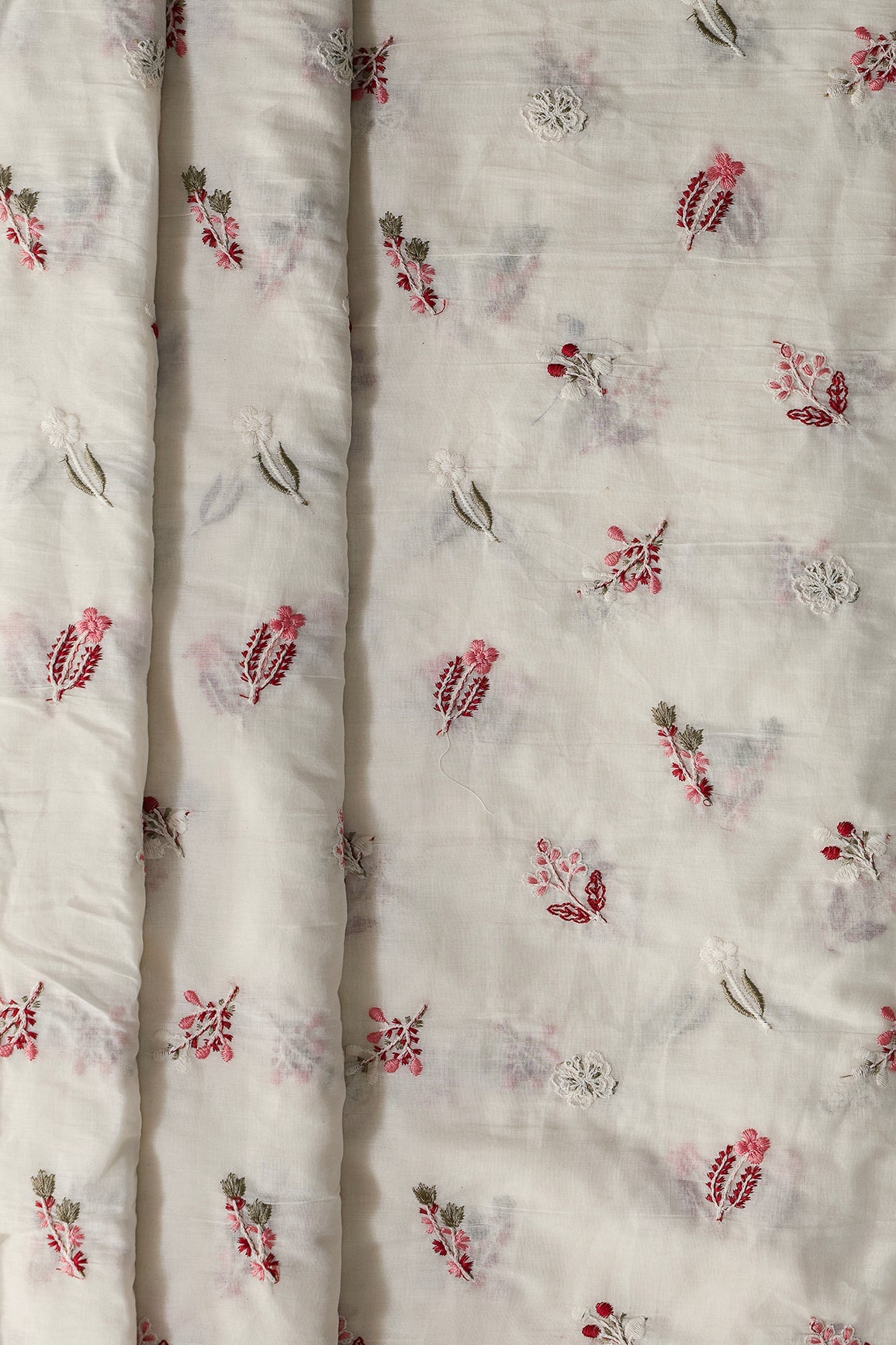 Beautiful Multi Thread Leafy Embroidery Work On Off White Organic Cotton Fabric - doeraa