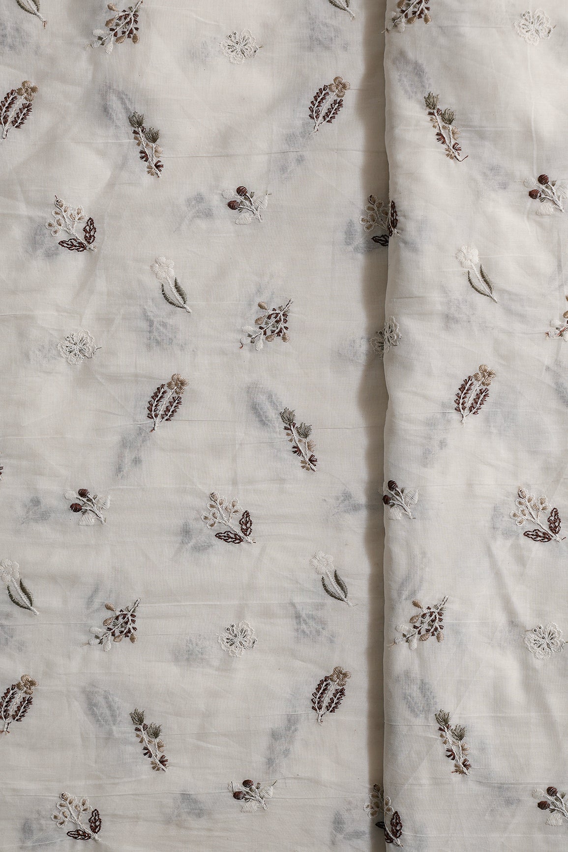 Beautiful Multi Thread Leafy Embroidery Work On Off White Organic Cotton Fabric - doeraa