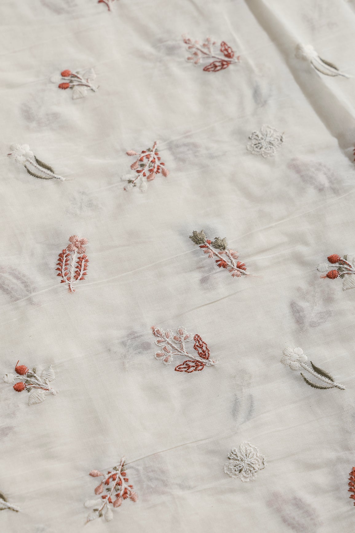 Beautiful Multi Thread Leafy Embroidery Work On Off White Organic Cotton Fabric - doeraa