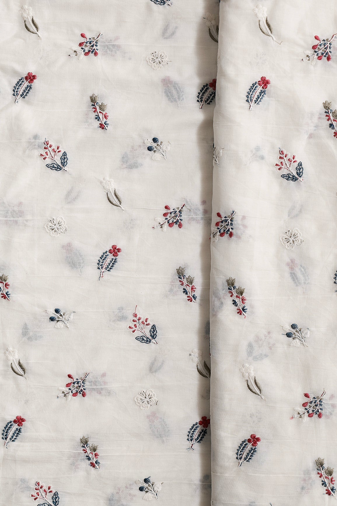 Beautiful Multi Thread Leafy Embroidery Work On Off White Organic Cotton Fabric - doeraa