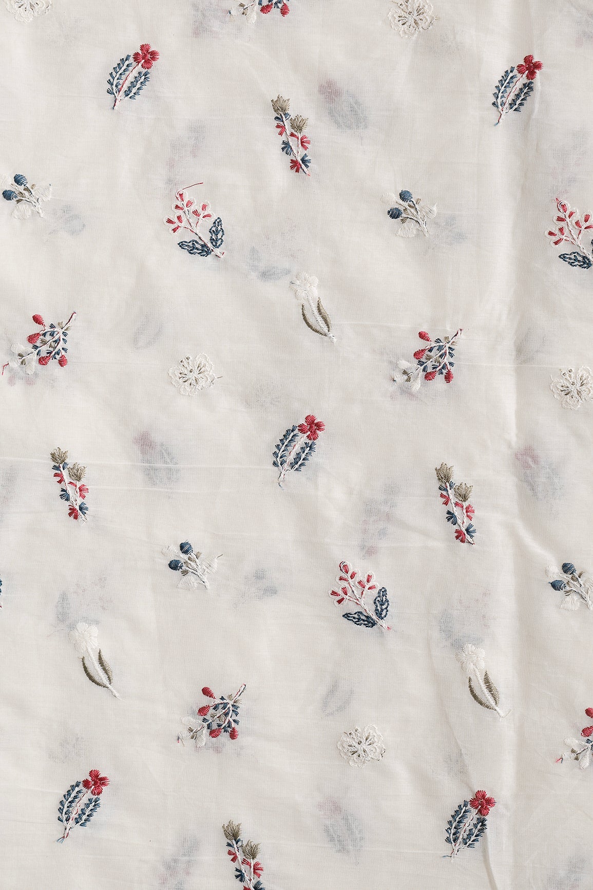 Beautiful Multi Thread Leafy Embroidery Work On Off White Organic Cotton Fabric - doeraa