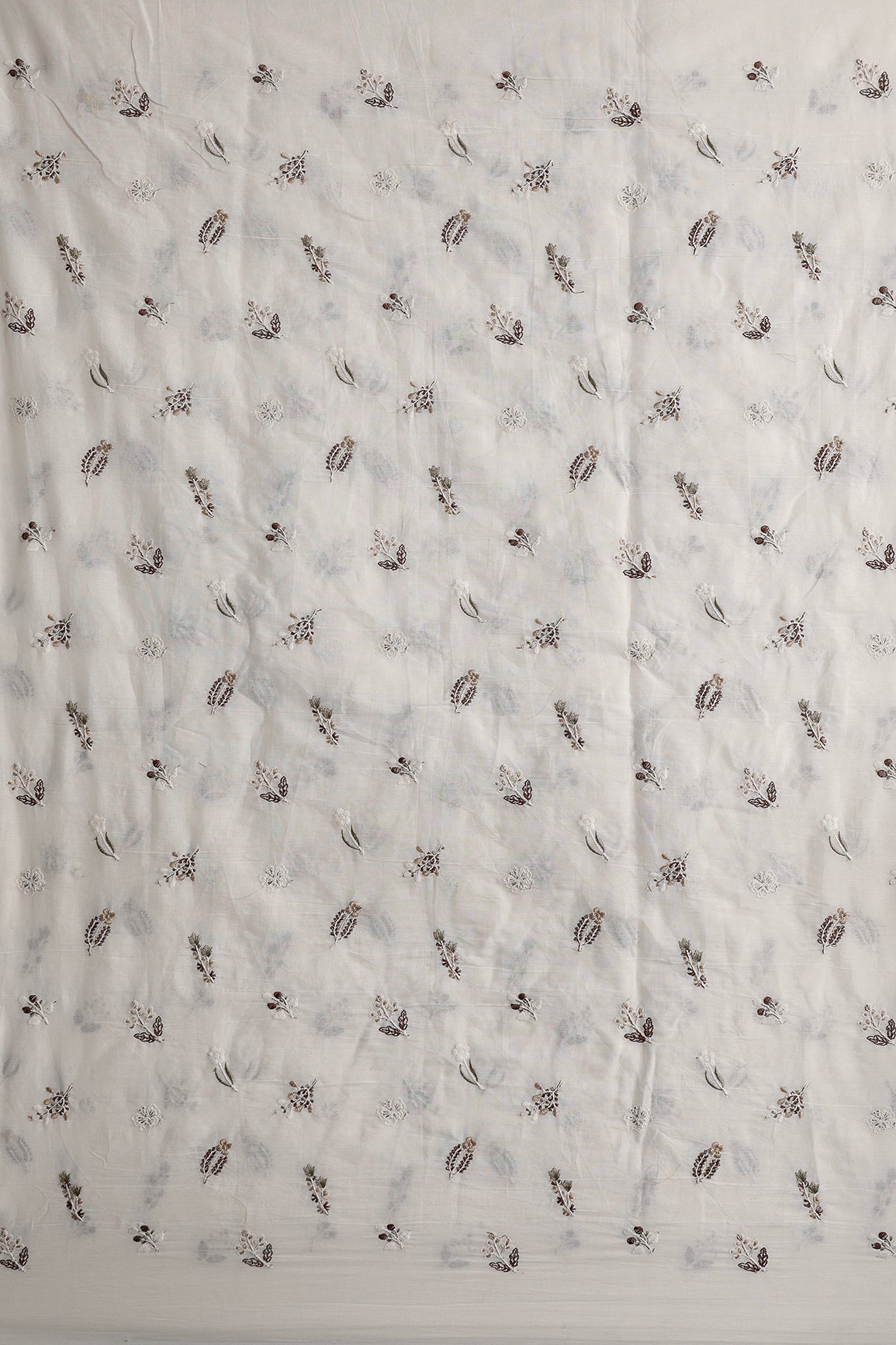 Beautiful Multi Thread Leafy Embroidery Work On Off White Organic Cotton Fabric - doeraa