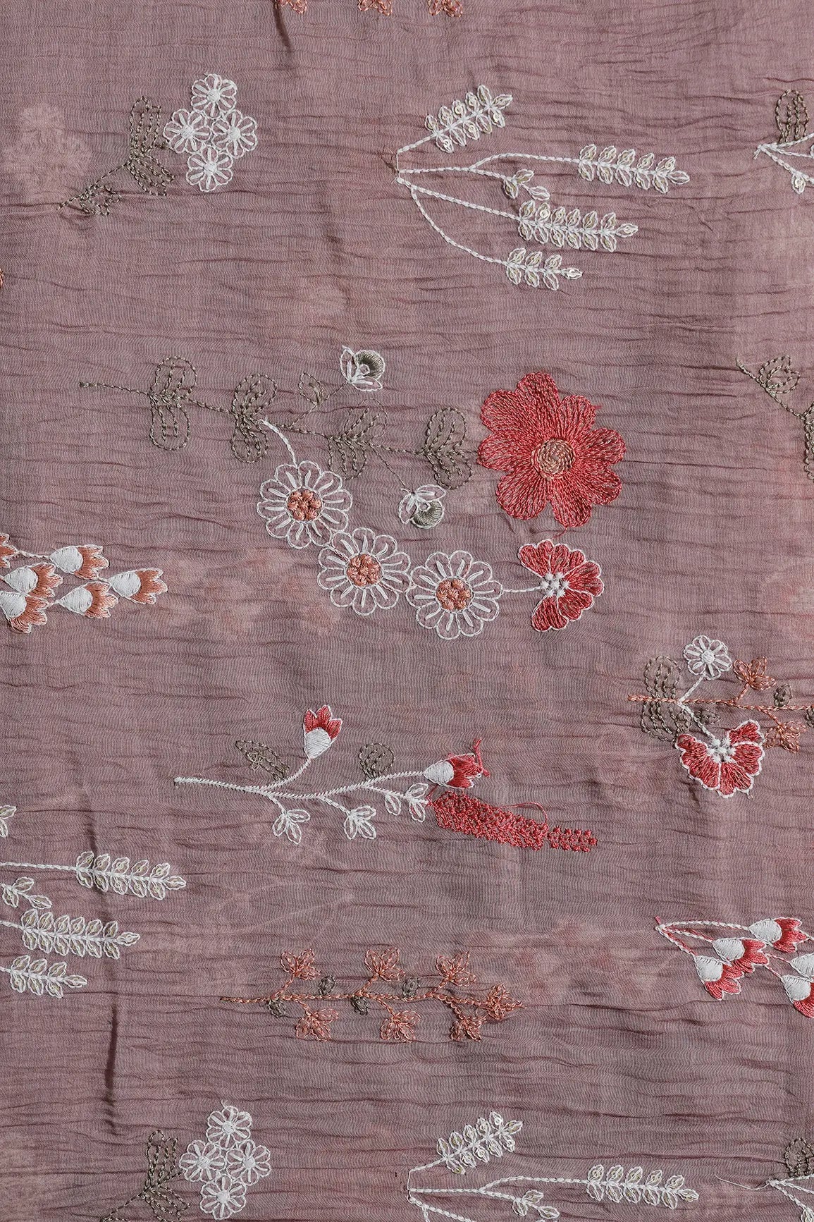 Beautiful Multi Thread With Gold Sequins Floral Embroidery Work On Dark Mauve Pure Mul Chanderi Silk Fabric - doeraa