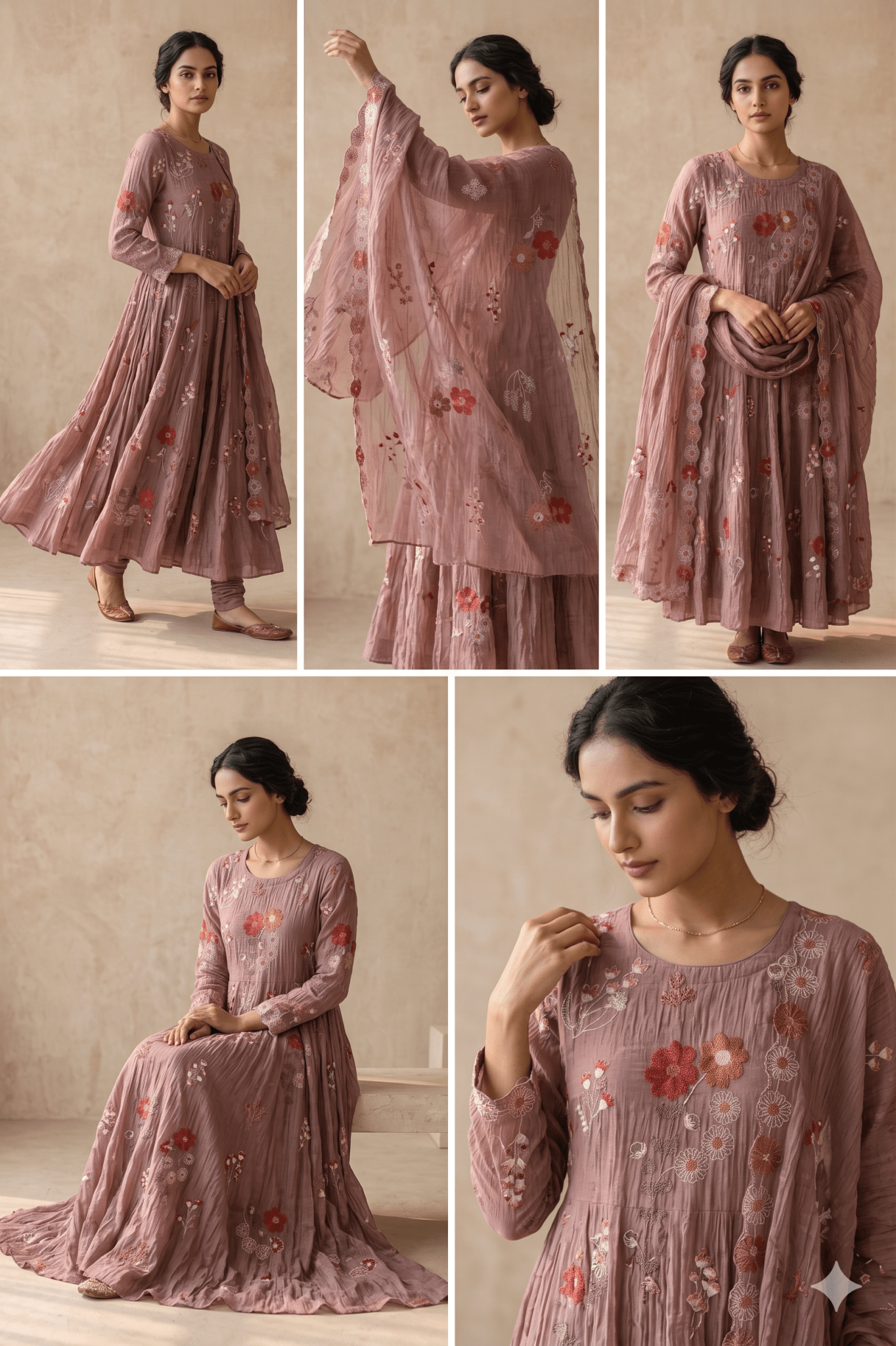 Beautiful Multi Thread With Gold Sequins Floral Embroidery Work On Dark Mauve Pure Mul Chanderi Silk Fabric - doeraa