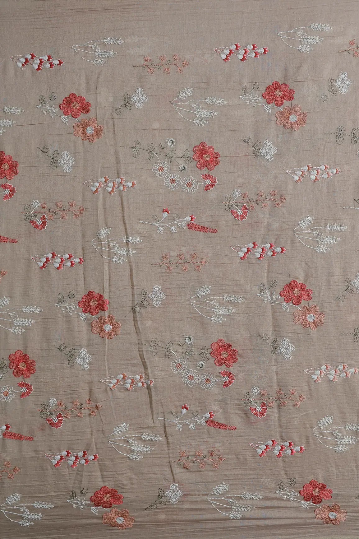 Beautiful Multi Thread With Gold Sequins Floral Embroidery Work On Light Brown Pure Mul Chanderi Silk Fabric - doeraa