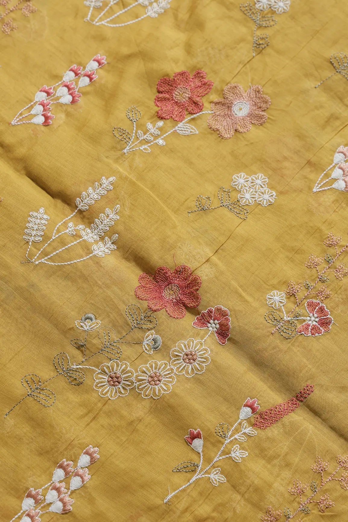 Beautiful Multi Thread With Gold Sequins Floral Embroidery Work On Mustard Yellow Pure Mul Chanderi Silk Fabric - doeraa