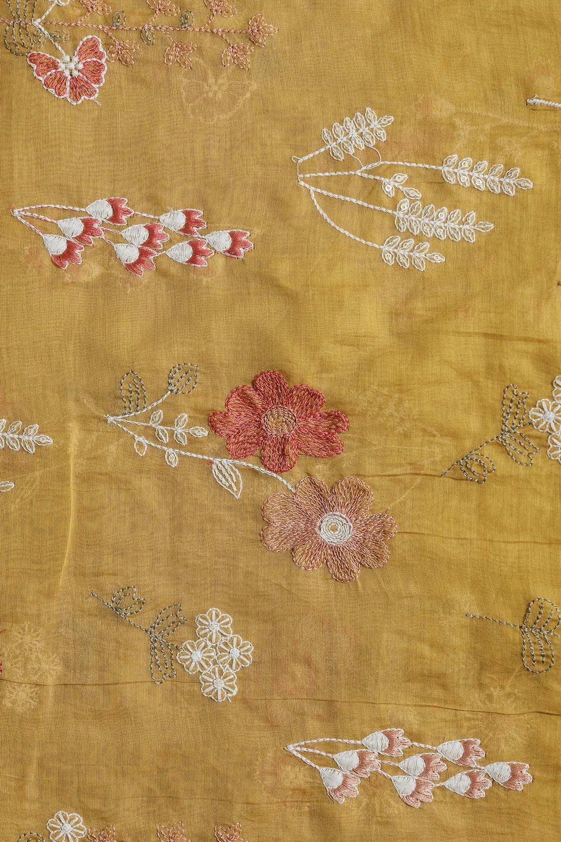 Beautiful Multi Thread With Gold Sequins Floral Embroidery Work On Mustard Yellow Pure Mul Chanderi Silk Fabric - doeraa