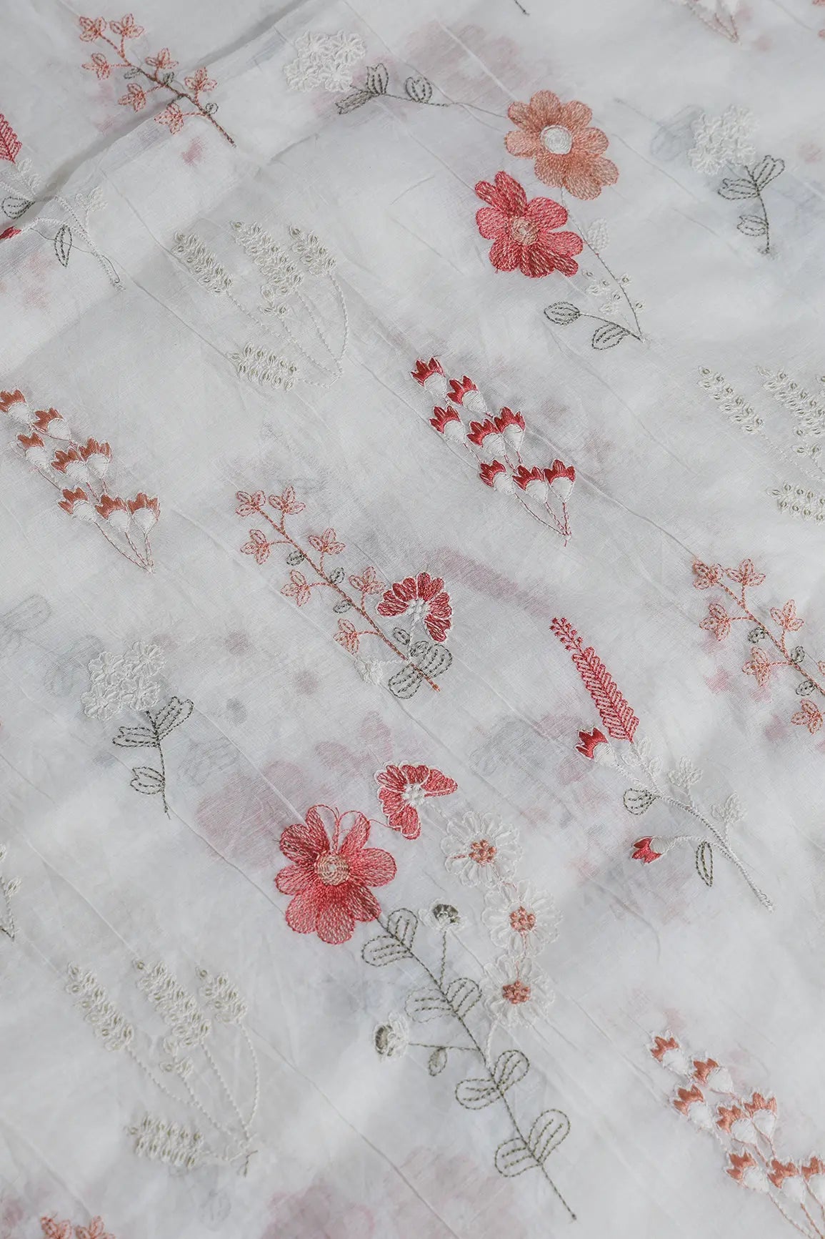 Beautiful Multi Thread With Gold Sequins Floral Embroidery Work On Off White Pure Mul Chanderi Silk Fabric - doeraa
