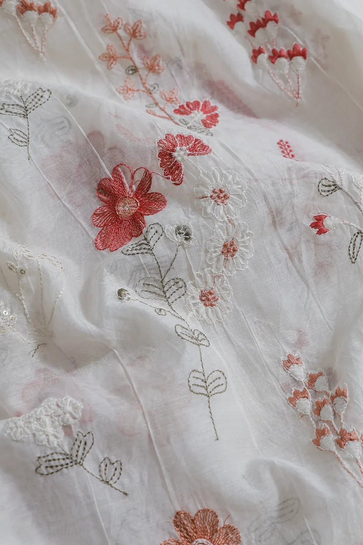 Beautiful Multi Thread With Gold Sequins Floral Embroidery Work On Off White Pure Mul Chanderi Silk Fabric - doeraa