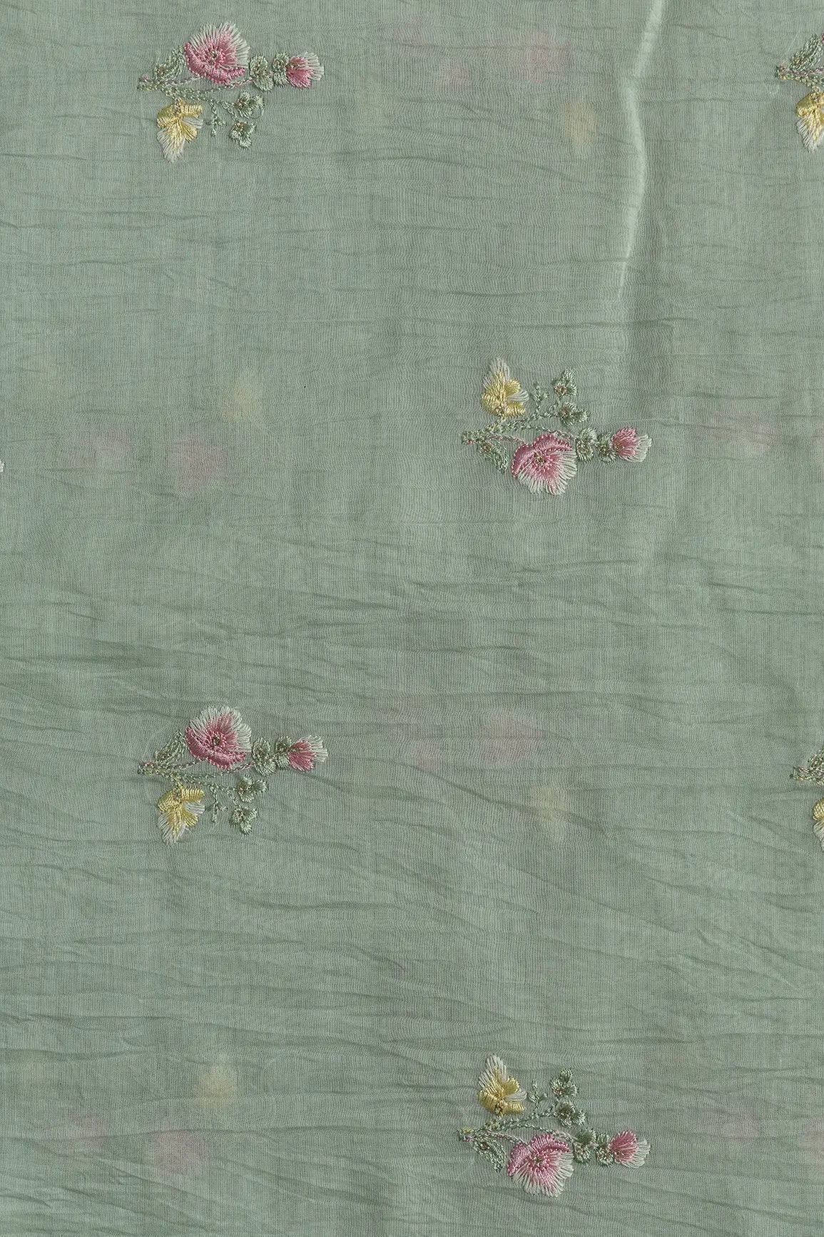 Beautiful Multi Thread With Gold Sequins Floral Embroidery Work On Pastel Olive Green Pure Mul Chanderi Silk Fabric - doeraa