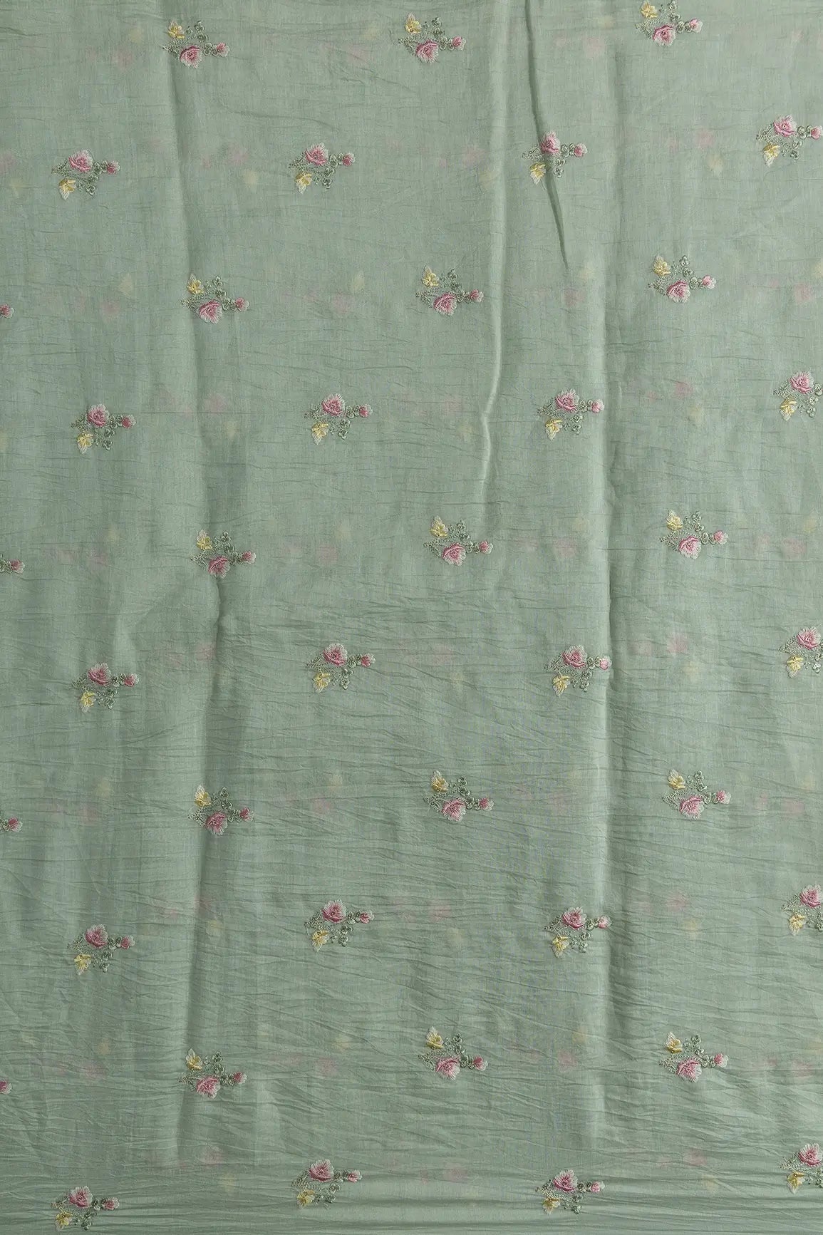 Beautiful Multi Thread With Gold Sequins Floral Embroidery Work On Pastel Olive Green Pure Mul Chanderi Silk Fabric - doeraa