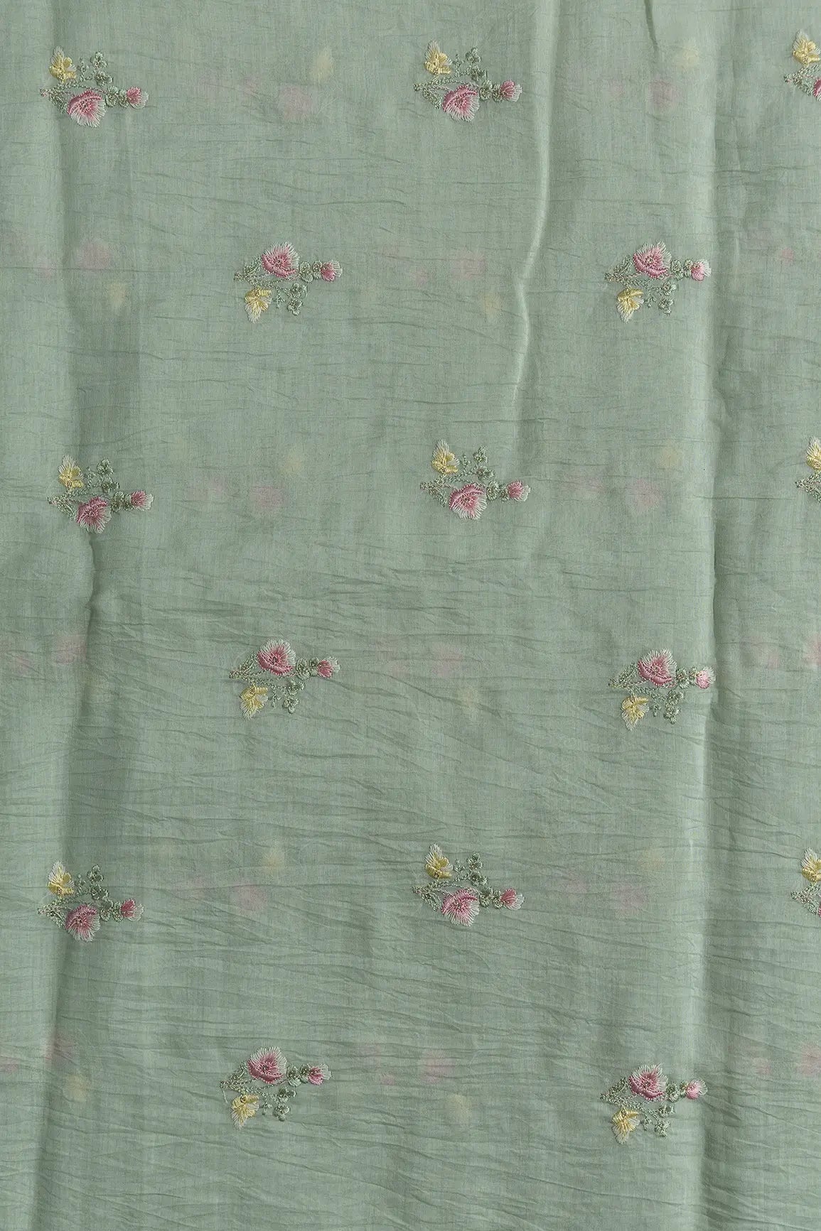 Beautiful Multi Thread With Gold Sequins Floral Embroidery Work On Pastel Olive Green Pure Mul Chanderi Silk Fabric - doeraa
