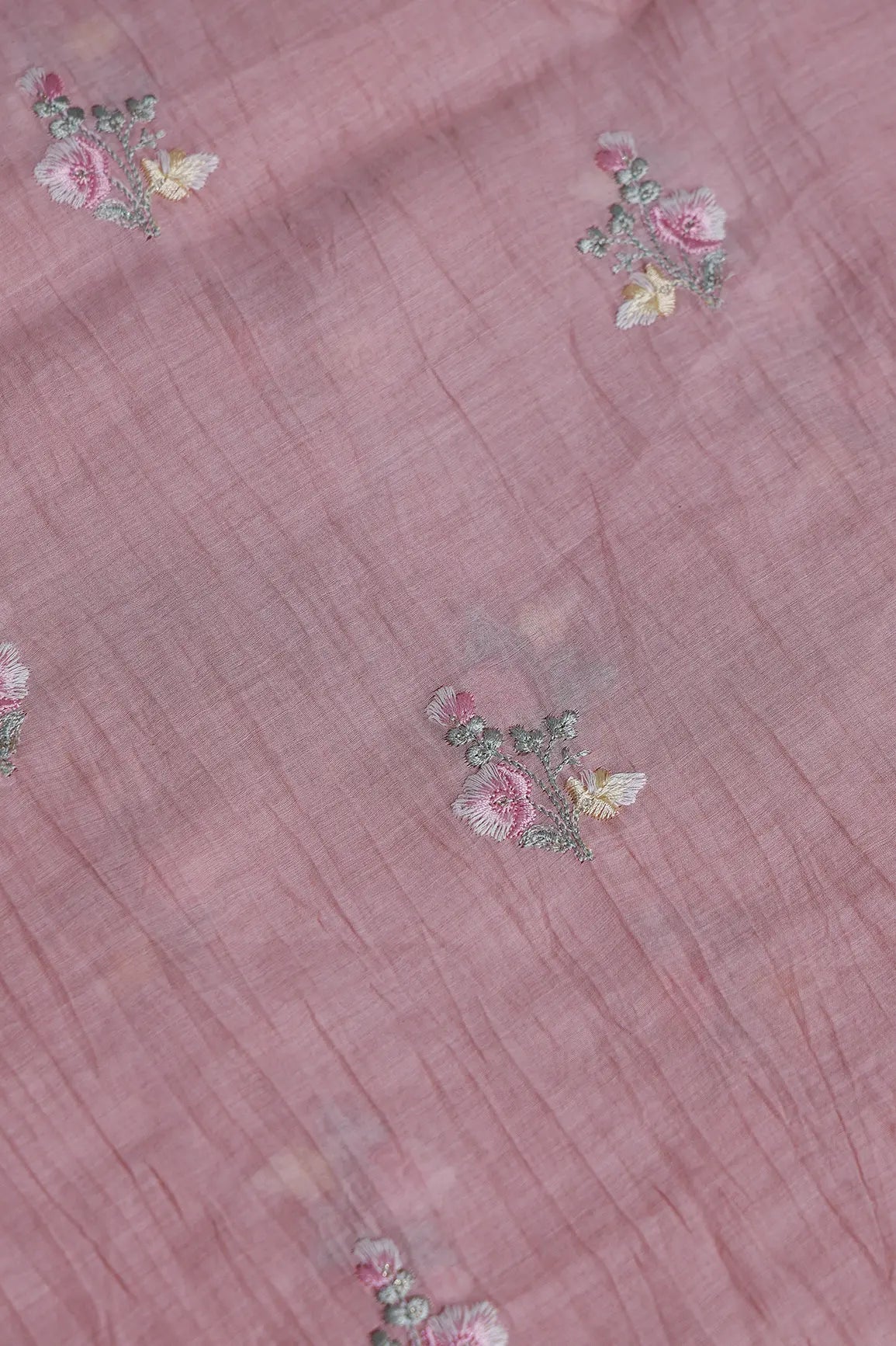 Beautiful Multi Thread With Gold Sequins Floral Embroidery Work On Pastel Pink Pure Mul Chanderi Silk Fabric - doeraa